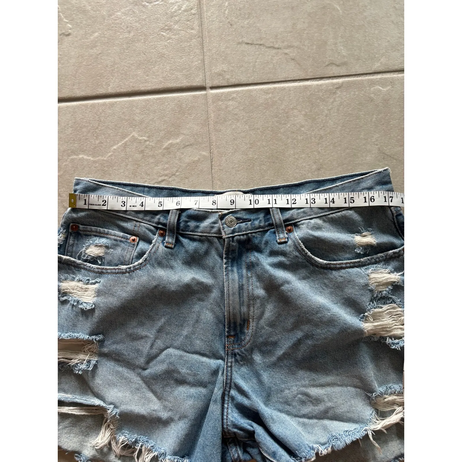 Abercrombie & Fitch Shorts Womens 31 Blue Denim Boyfriend‎ Mid Rise Distressed - Image 7