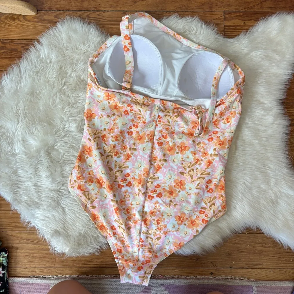 Kona Sol Pastel Pink & Orange Floral Asymmetric One Piece Swimsuit - Image 3
