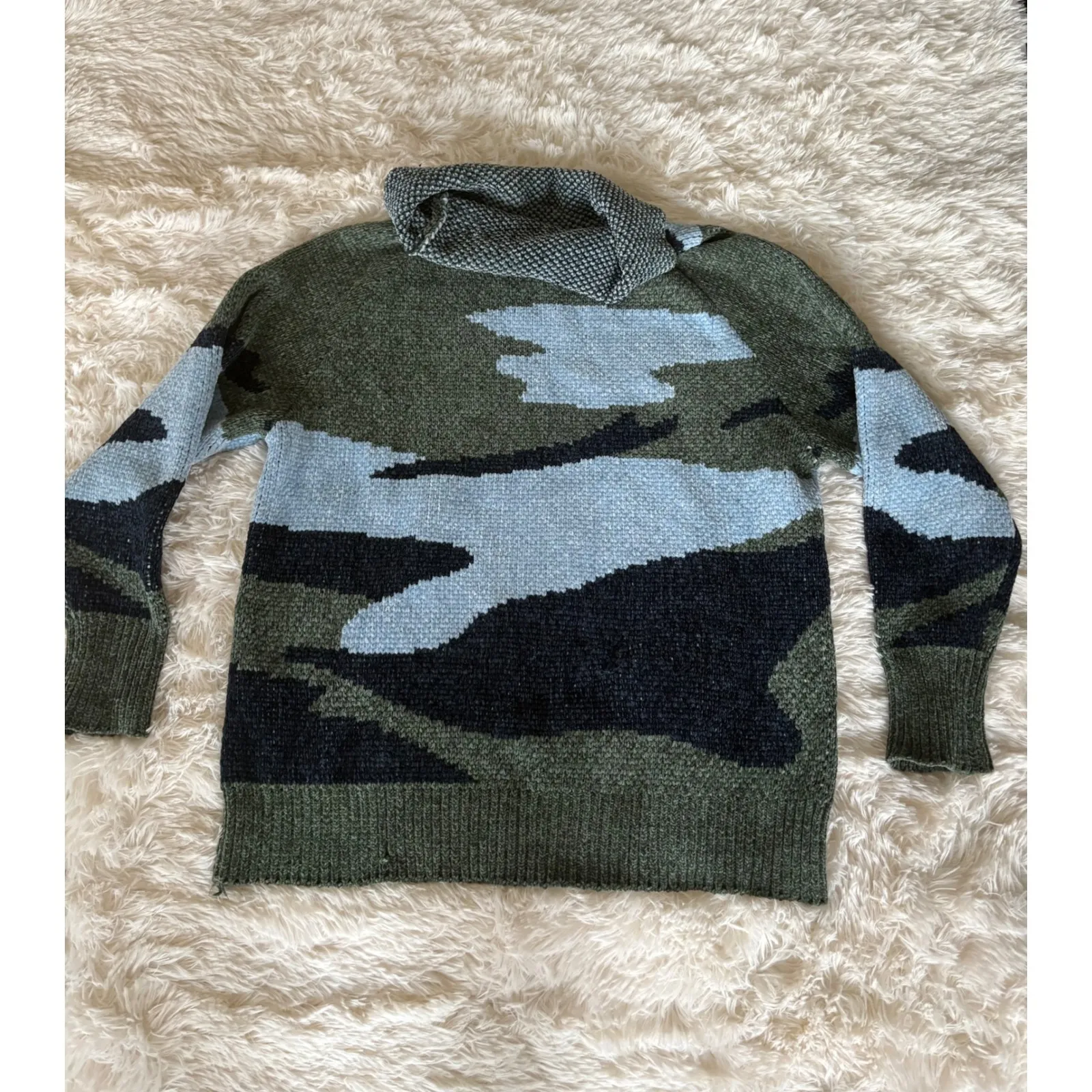Camo Cowl Neck Sweater, Green Blue Black, Chunky‎ Knit Pullover, Medium - Image 4