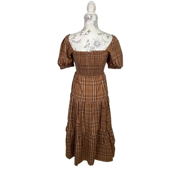 Billie The Label Eleanor‎ Plaid Puff Sleeve Midi Dress Size 0 NWT Brown - Image 4