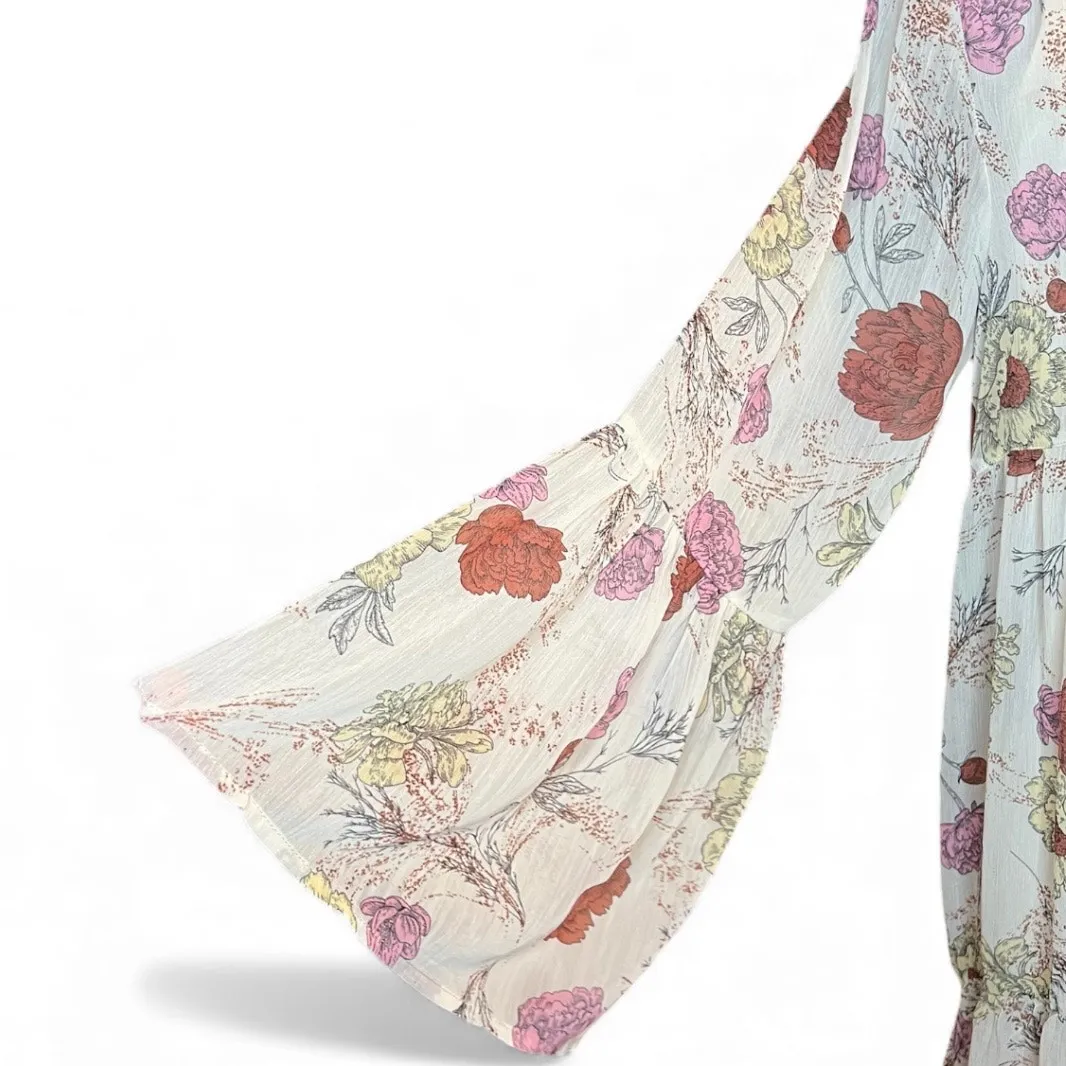 Lulus belina beige floral midi dress boho flowy feminine bell sleeve cocktail - Image 5