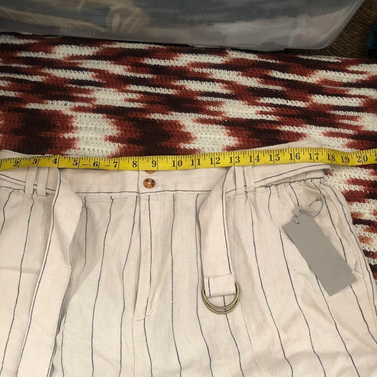 NEW NWT Soft Surroundings Shorts Striped Tan Navy Blue Montecito High Waist Linen Belted Women L Measurement in pics Size L - Image 5