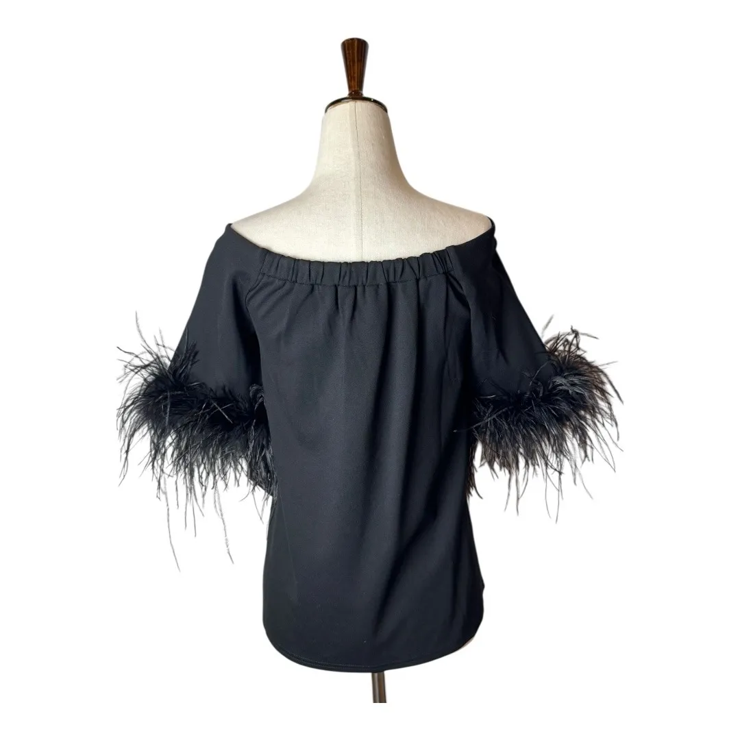 Tuckernuck Shirt Women XS Black Feather Miranda Off The Shoulder Blouse NWT - Image 3