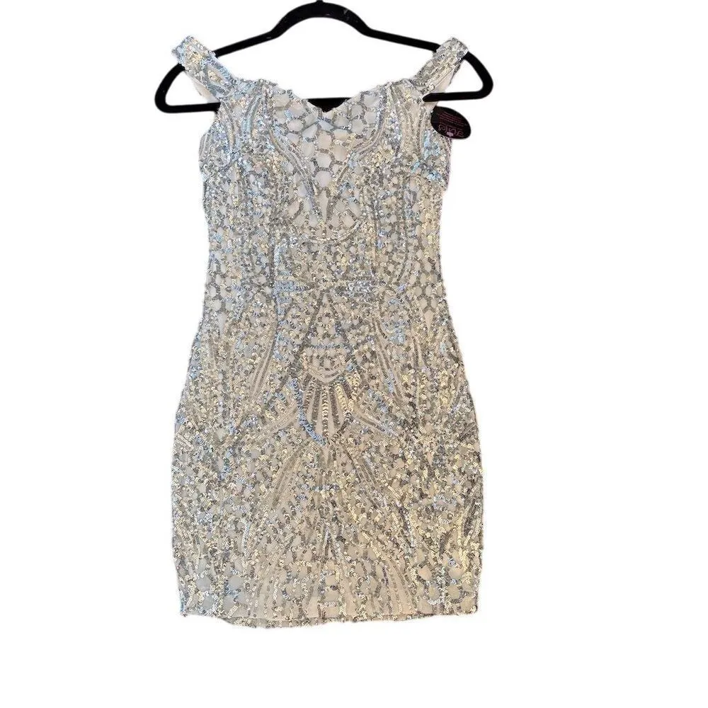 Hot Miami Styles  Women's Silver Off-Shoulder Rhinestone Party Dress S - Image 3