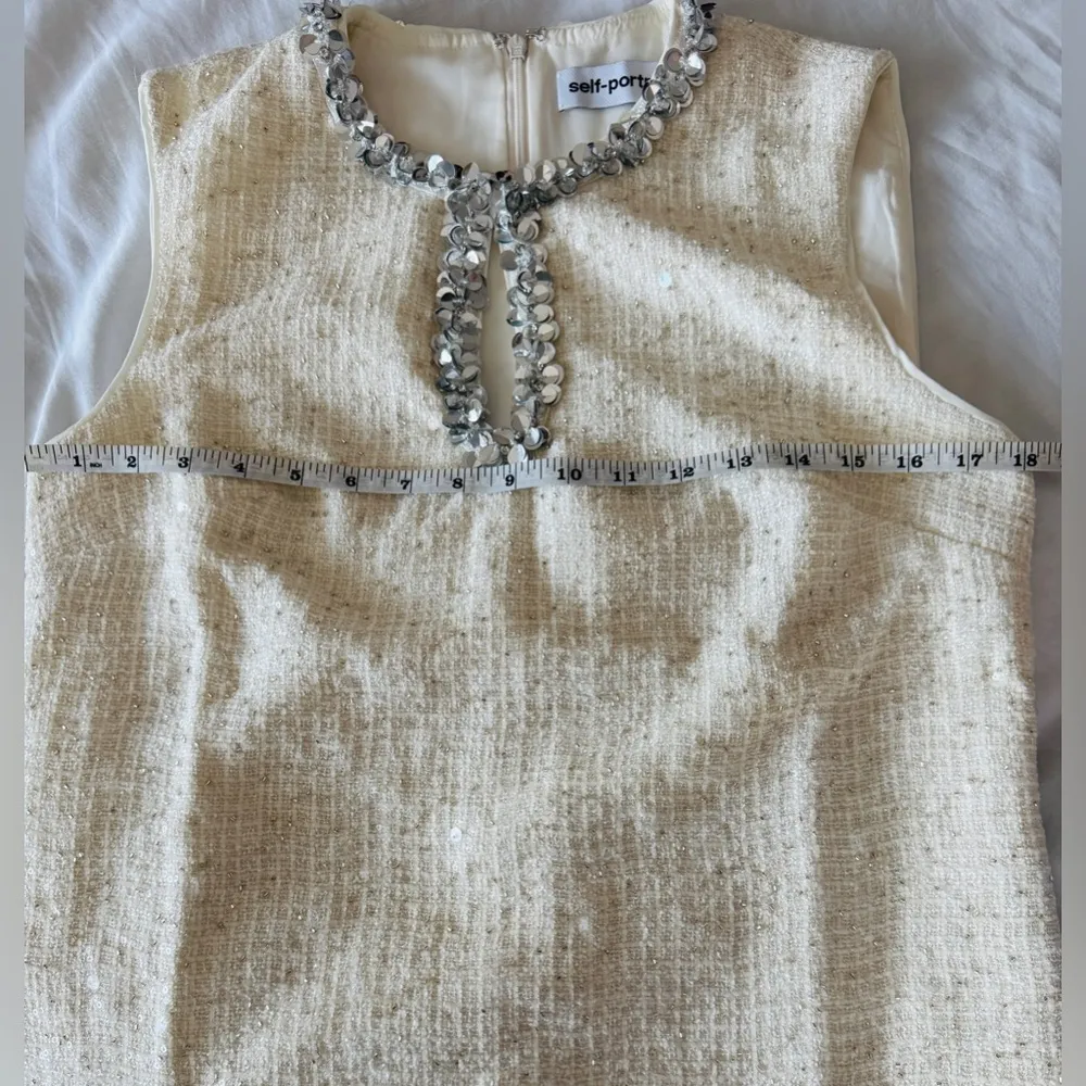 Self Portrait Authentic Cream Sequin Boucle Mini Dress Sz US 8/UK 12 Party Glam - Image 11