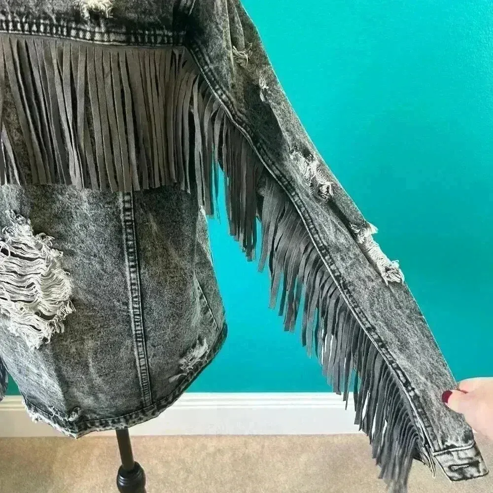 Fantastic Fawn Black Dark Fringed Western Distressed Denim Jacket Womens Size M - Image 5
