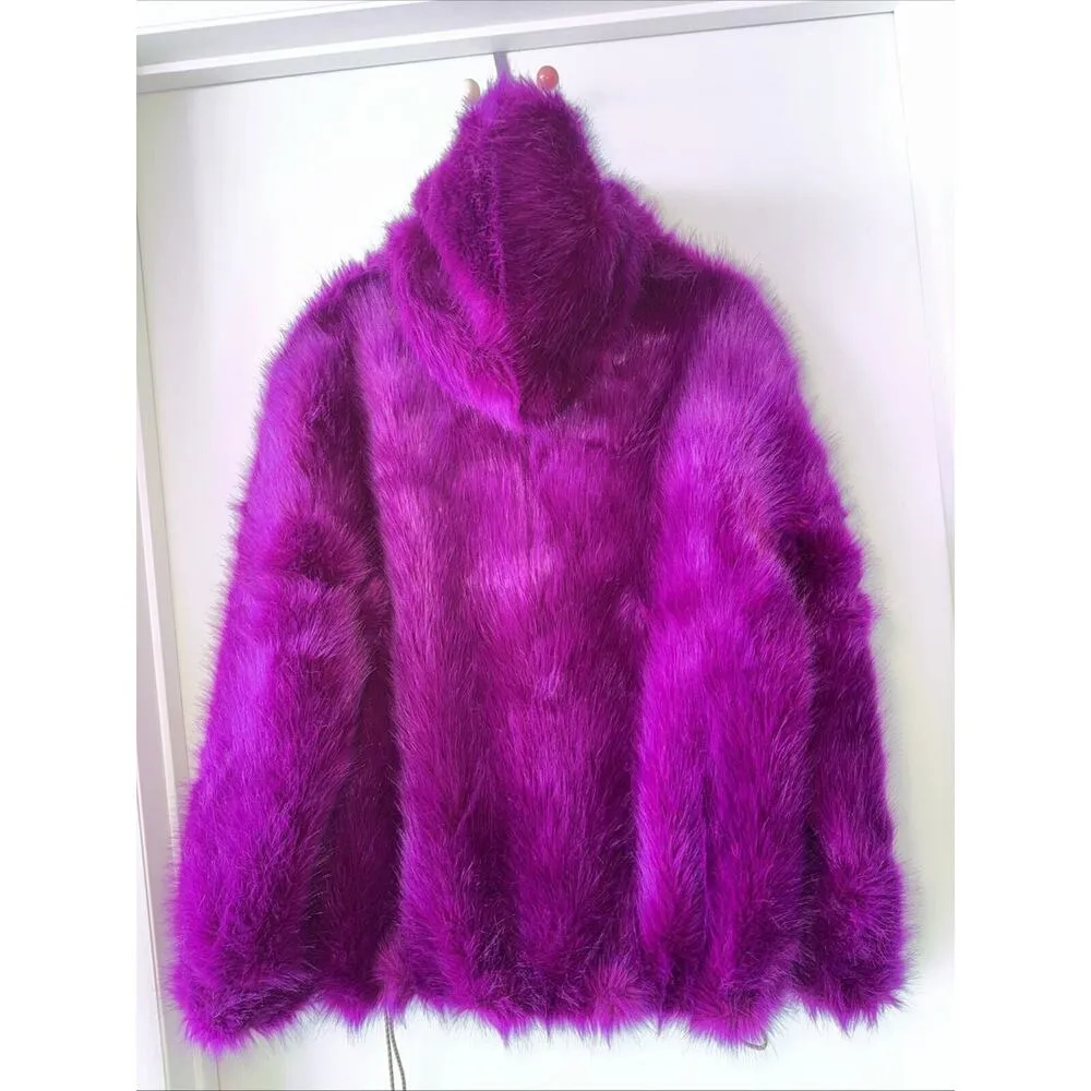 NEW Stella McCartney Adan Purple Faux Fur Pullover Hooded Coat Hoodie Jacket S/M - Image 2