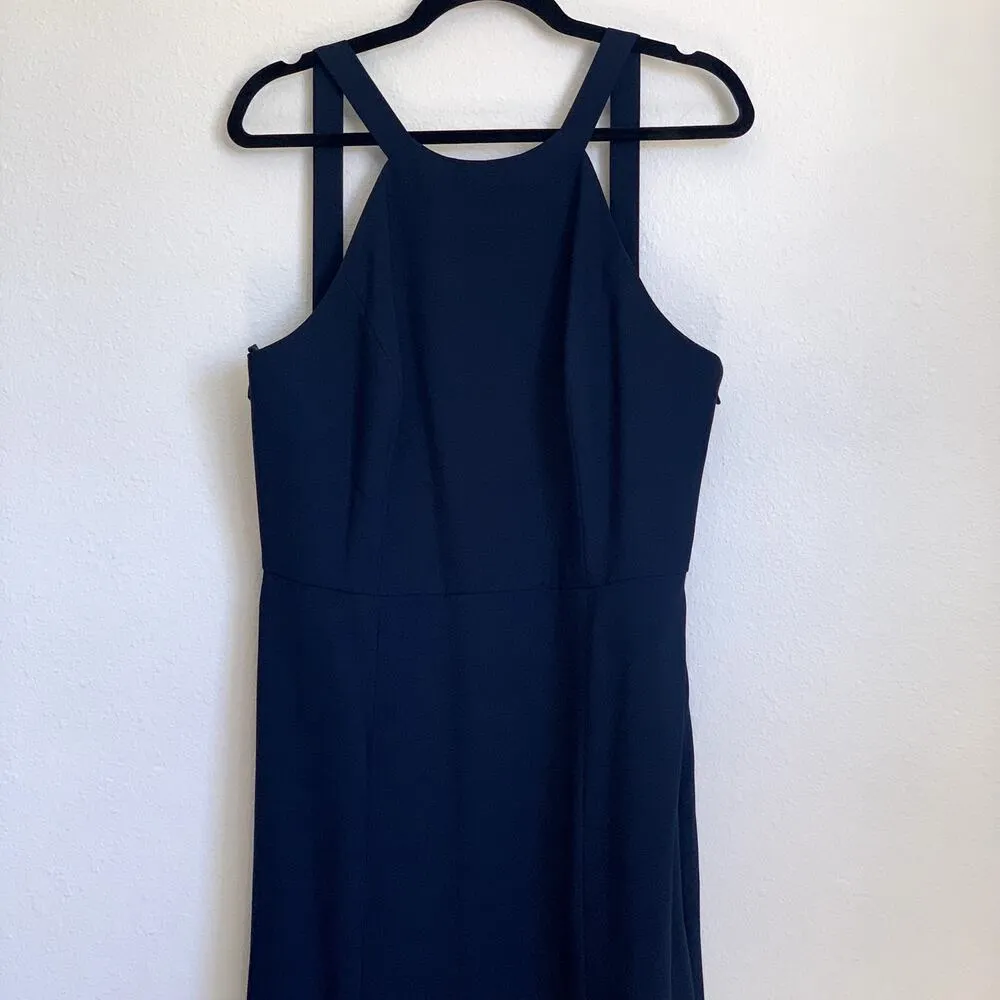 NWT Dessy Collection High Neck Backless Crepe Trumpet Gown in Midnight Navy 3039 Blue Size 16 - Image 4