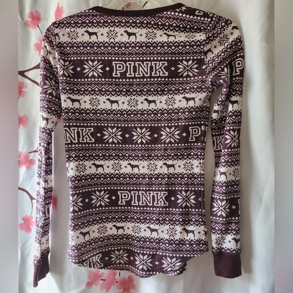 Victoria's Secret PINK Thermal Holiday Dog Logo Burgundy Long Sleeve PJ Size XS - Image 4