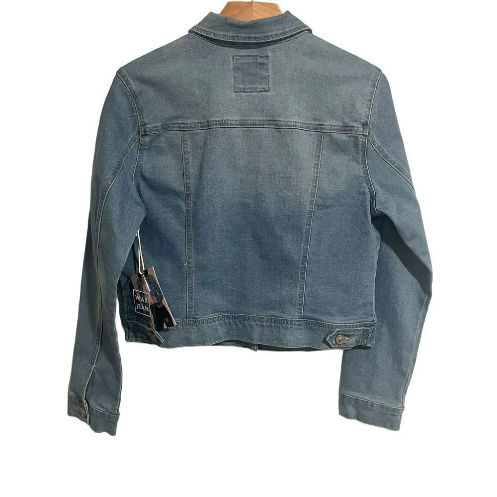Wax Jean Jacket Womens Medium Denim Trucker Blue Stretch Buttons Long Sleeve NEW - Image 11