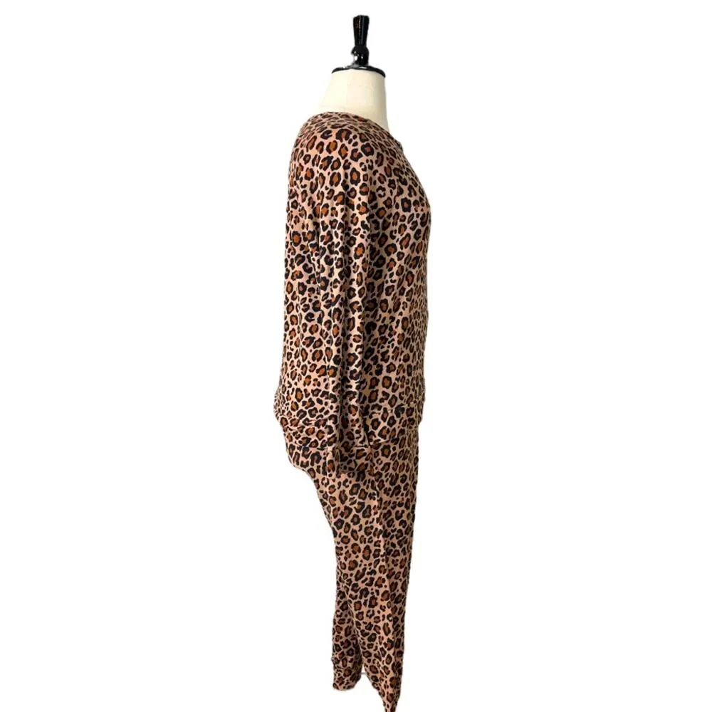 iRelax Pajama Set Jersey Knit Jogger Pant & Long Sleeve Top Leopard Women’s L/XL Brown - Image 4