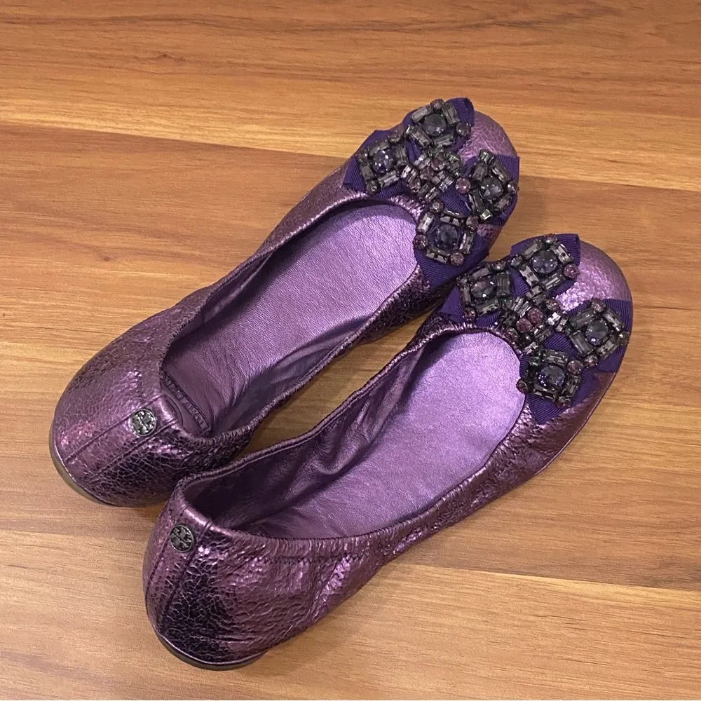 TORY BURCH Azalea Jeweled Bow Metallic Purple Ballerina Ballet Flats Size 8.5M - Image 13