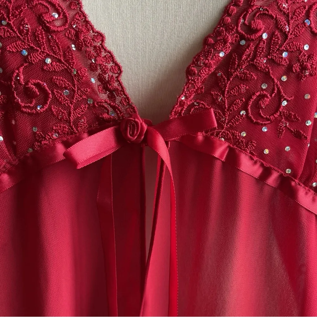 Vintage Fredericks of Hollywood Sheer Long  Gown Red Lingerie Rhinestone 1X Plus - Image 4