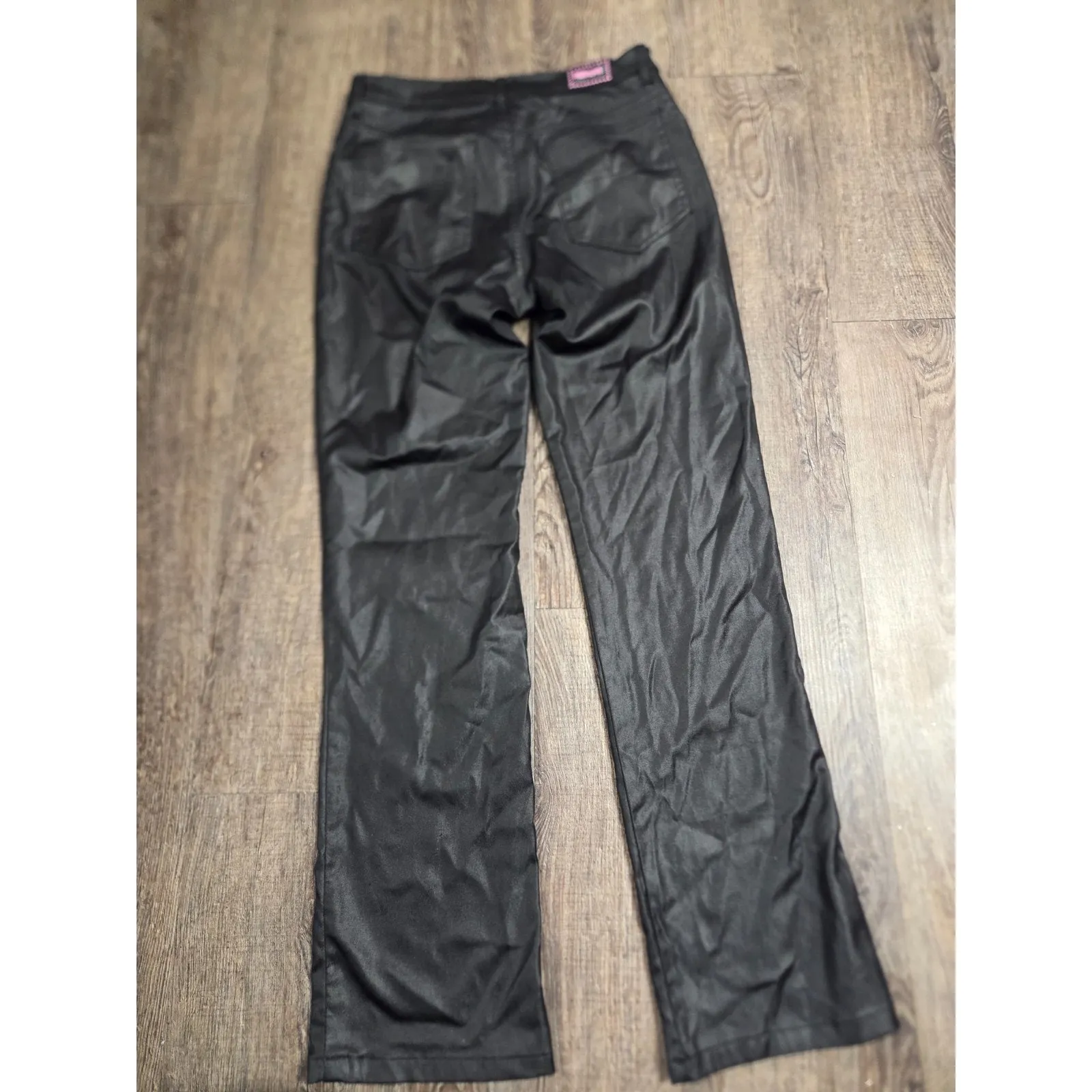 Bubblegum USA Y2K Rocker Print Pants Black Satin-like Faux Leather Stretch 28x29 - Image 5