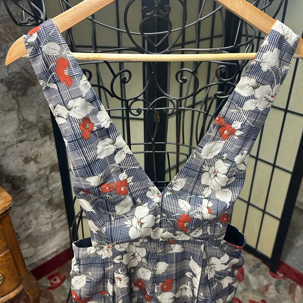 LUSH Navy Plaid Rust Ivory Floral Wide Leg Jumpsuit/Overalls: Size MEDIUM - Image 2