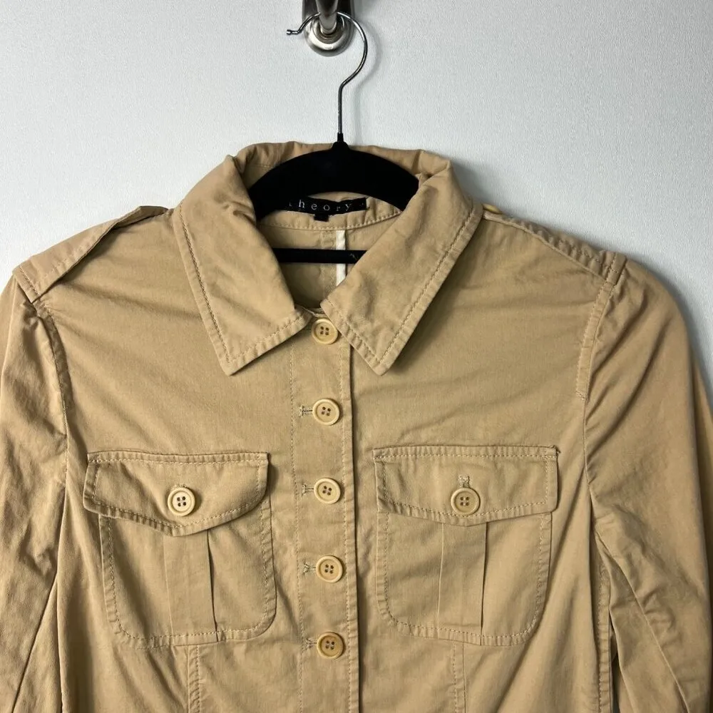 Theory button‎ up tan utility jacket women’s size 6 - Image 3