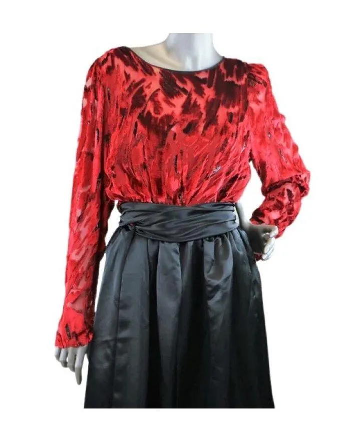 Vintage 1980s Helga Silk/Satin Black and Red Burnout Gown Large - Image 2