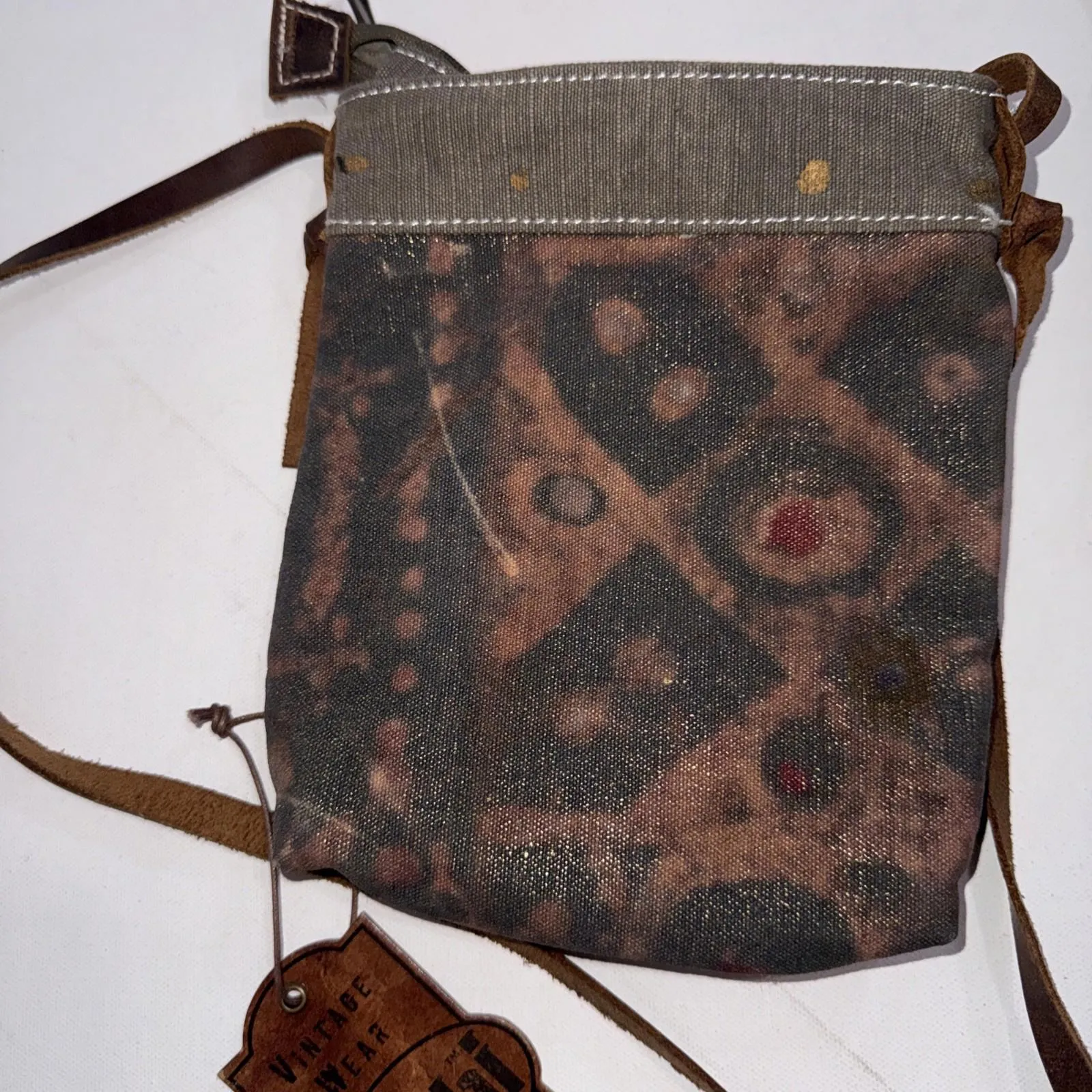 Uchi Gold Splattered Small Canvas Crossbody Equestrian Boho Vintage Wear Purse Brown - Image 8