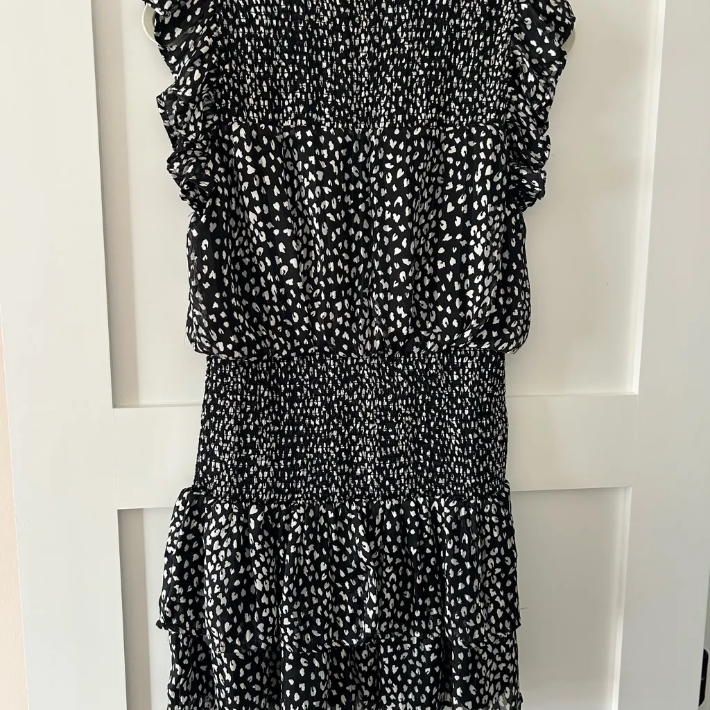 AQUA Ruffled Smocked Mini Dress In Black with White dots - Image 5