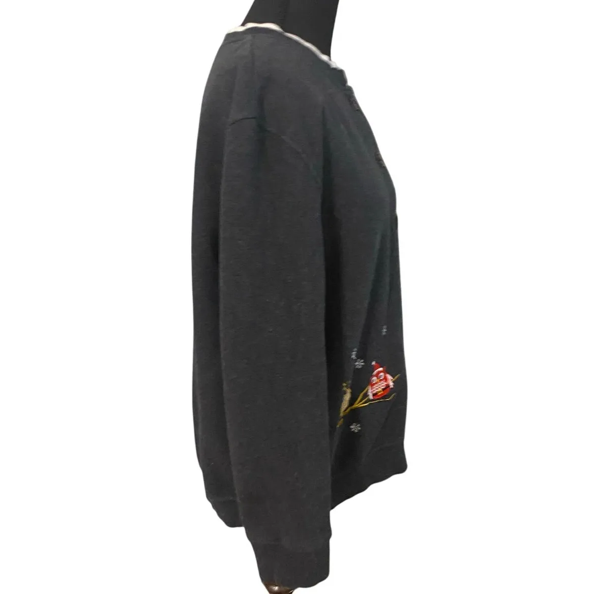 Y2K Christmas Owl Button Up Gray Cardigan White Collar Petite Medium Holiday Size undefined - Image 4