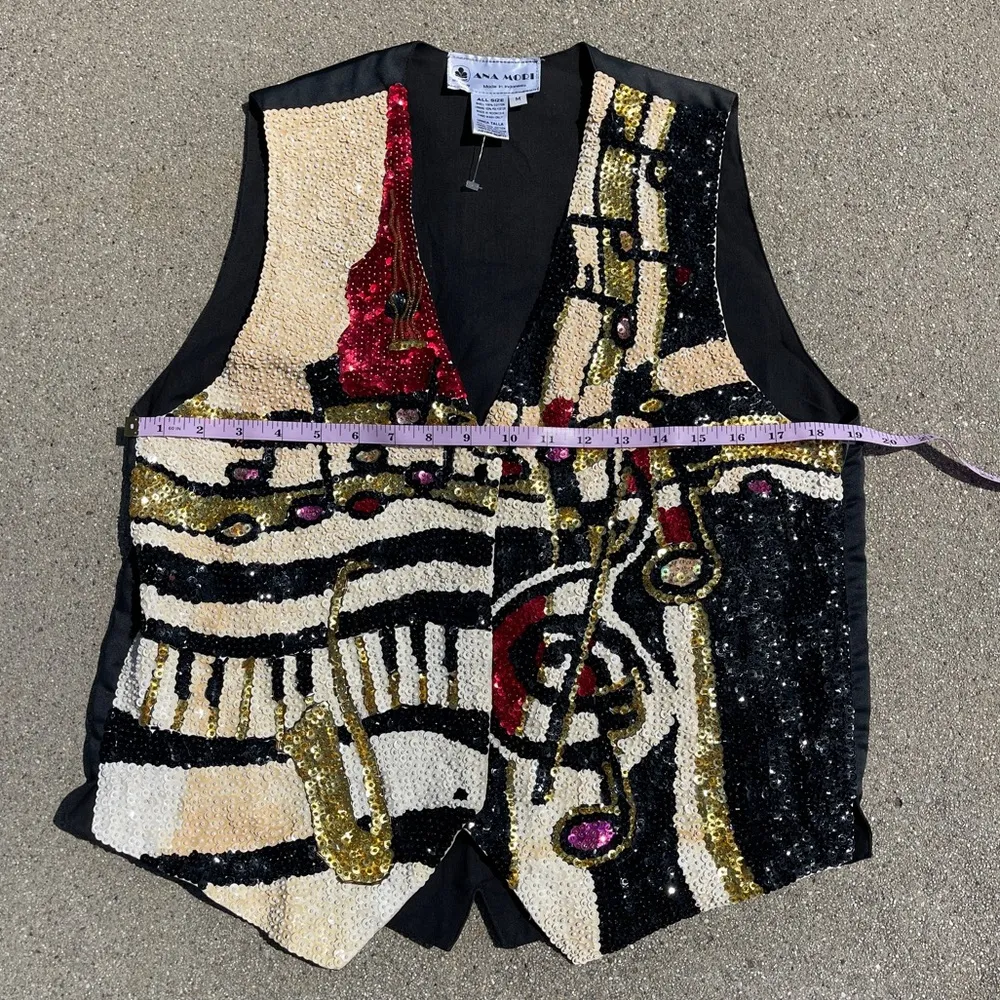 Vintage Musical Beaded Sequined Vest Ana Mori size M Black Size M - Image 10
