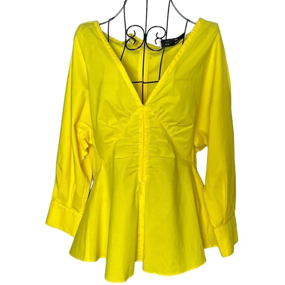 Proenza Schouler White Label Women's 8 Poplin V-Neck‎ Top Bright Yellow Peplum - Image 3