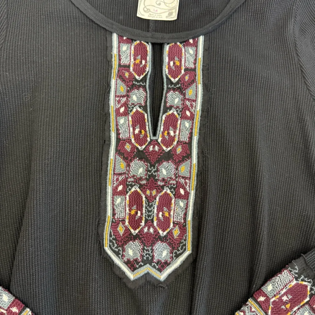 Free People X Marion Embroidered Thermal Waffle Knit Long Sleeve Cuff Top Black - Image 8