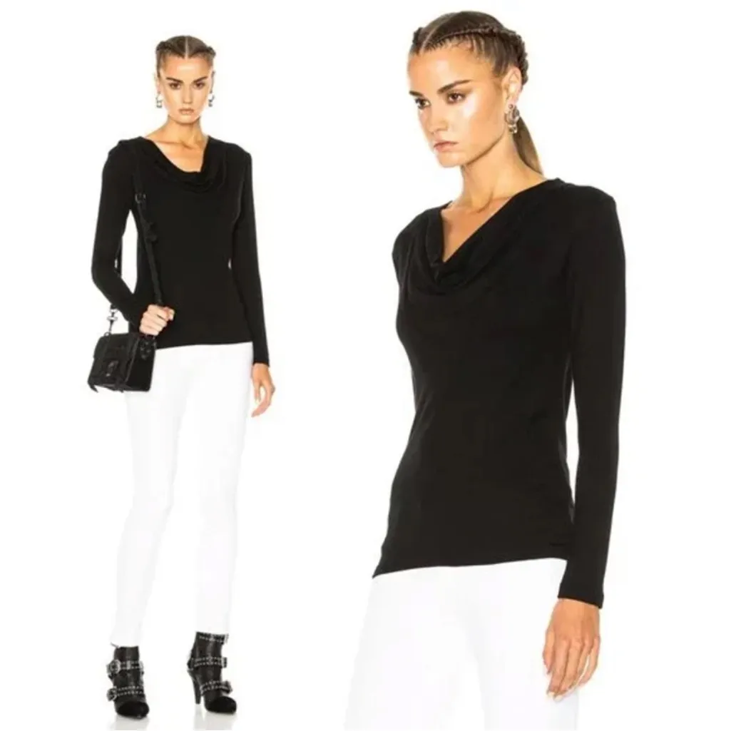 JAMES PERSE Black Slub Cotton Draped Off-Shoulder Long Sleeve Top‎ Sz 1 Small - Image 2