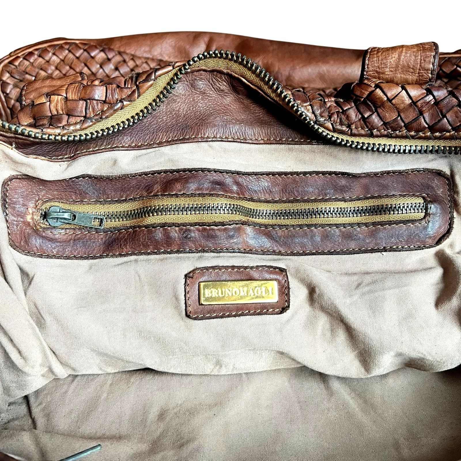 Bruno Magli Woven Leather Satchel Weekender Travel Bag Cognac Brown - Image 11