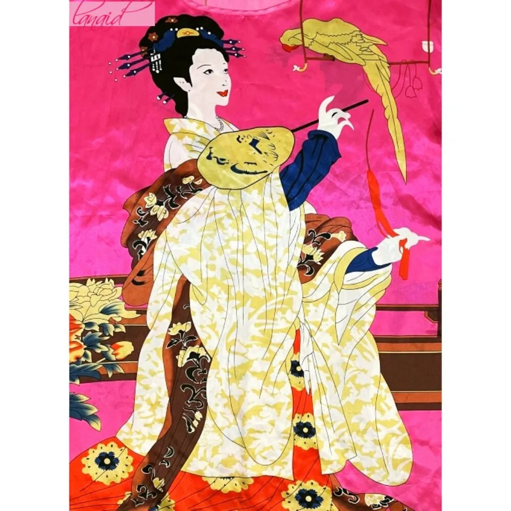 Fuchsia Asian Chinese Oriental Japanese Hot Pink Hanfu Shiny Satin Tunic Mini L - Image 5