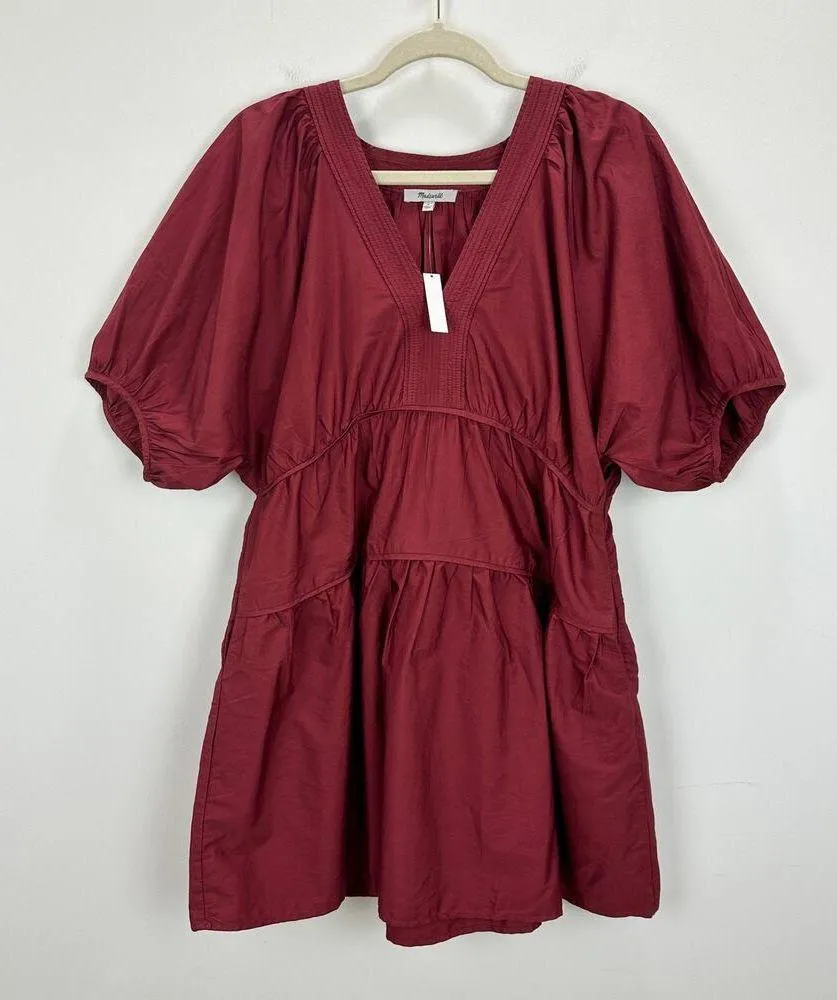 Madewell Puff Sleeve Mini Dress Poplin Claret Burgundy A Line Pockets Medium NWT - Image 7