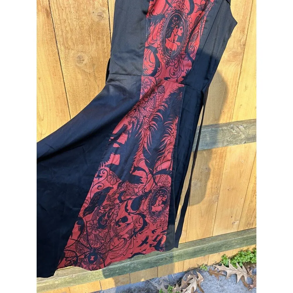 HEMET Gothic Halloween Black & Red Midi Dress Skull‎ Birds Small Steampunk - Image 7