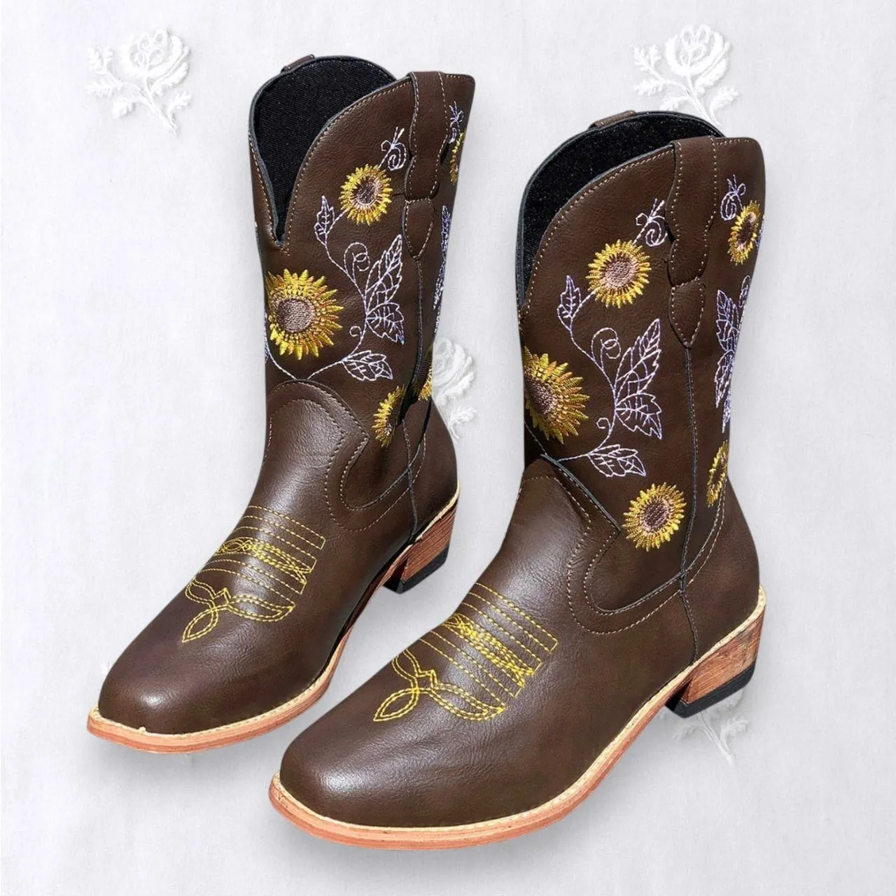 Nokio Iconic Flower Embroidered Brown Yellow Mid Calf Western Cowgirl Boots US 8 - Image 2