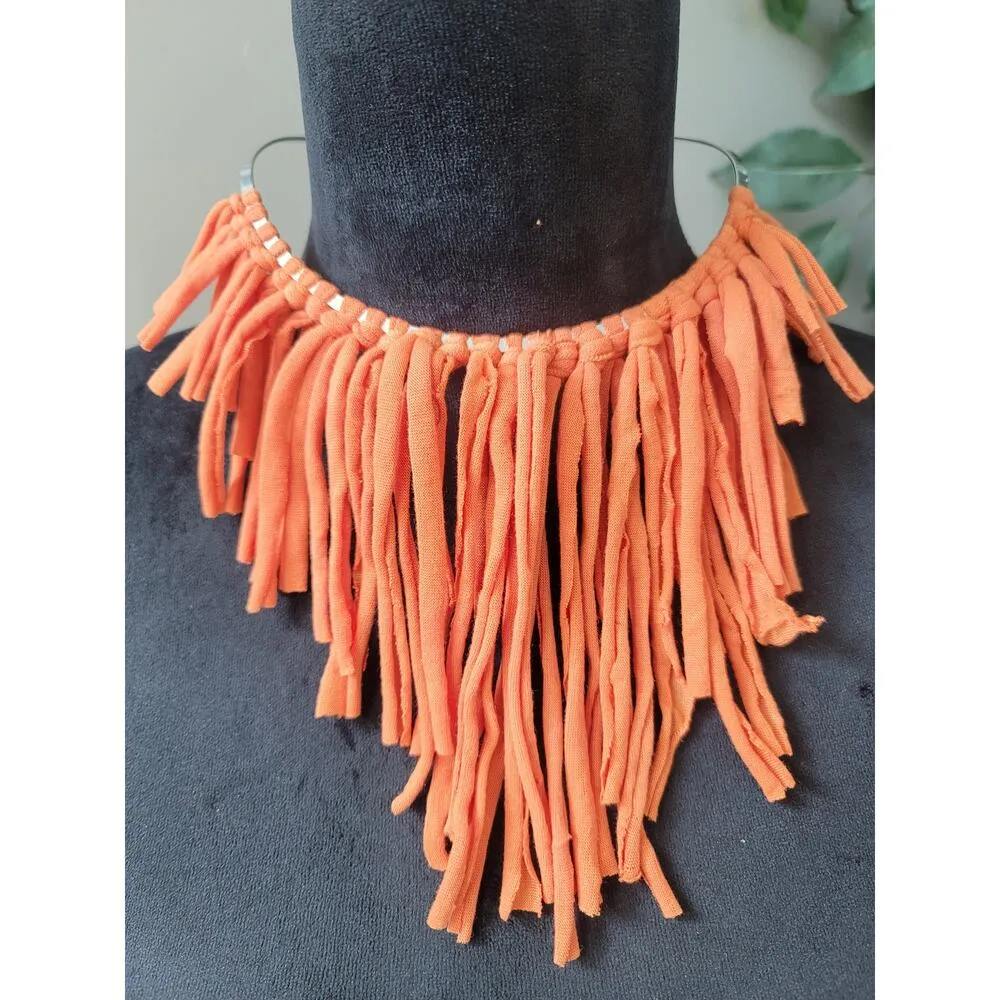 Women's Orange Fabric Fringe Hoop Earrings With Silver Metal Collar Necklace - Image 2