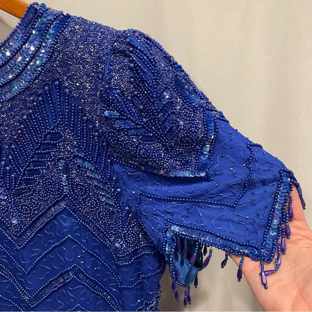 Stunning vintage 80’s blue silk heavy beaded sequin chevron pattern dress Size L - Image 7