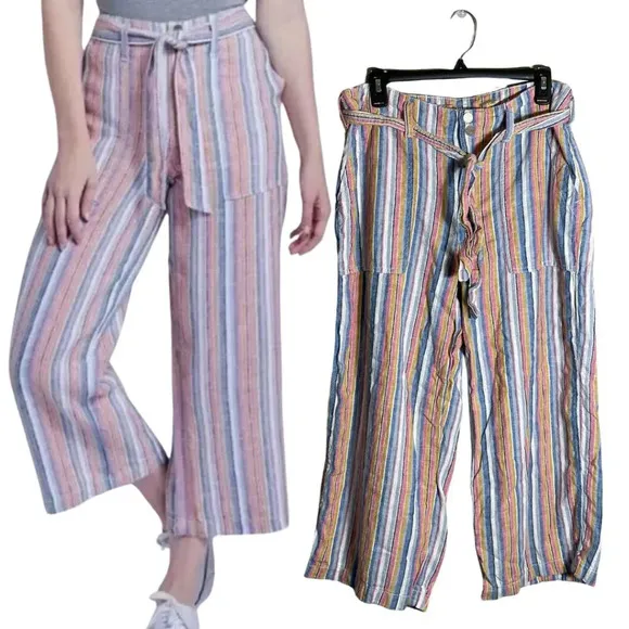 7 For All Mankind Striped Linen Wide Leg Pants Women's Size 10 Multicolor Ankle - Image 2