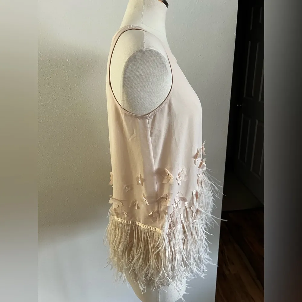 Anthropologie pale pink tank with pearl appliqué and feather detail.  Size M/L - Image 5