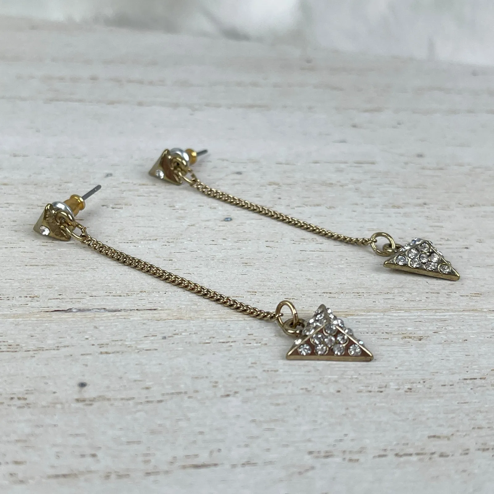 Dainty Gold Tone Rhinestone Arrow Dangle Earrings Triangle Boho Festival Jewelry - Image 6