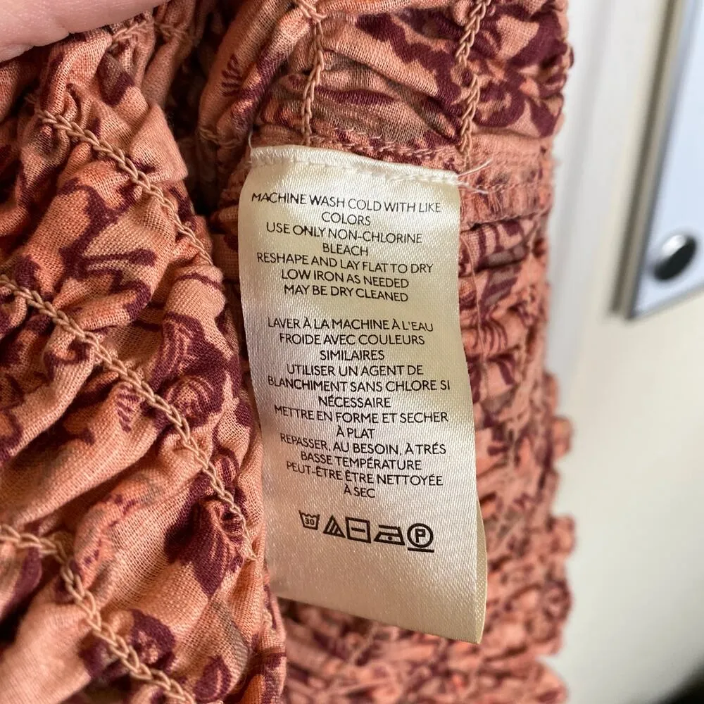 FREE PEOPLE Smock it to Me Mini Dress Apricot Ruffle Peasant Boho Size Large - Image 7