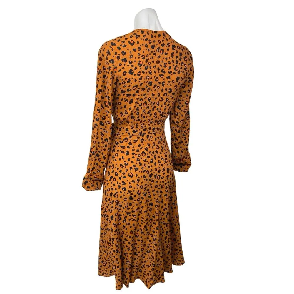 & Other Stories Tan Black Leopard Cheetah Long Sleeve A Line Midi Wrap Dress 0 - Image 2
