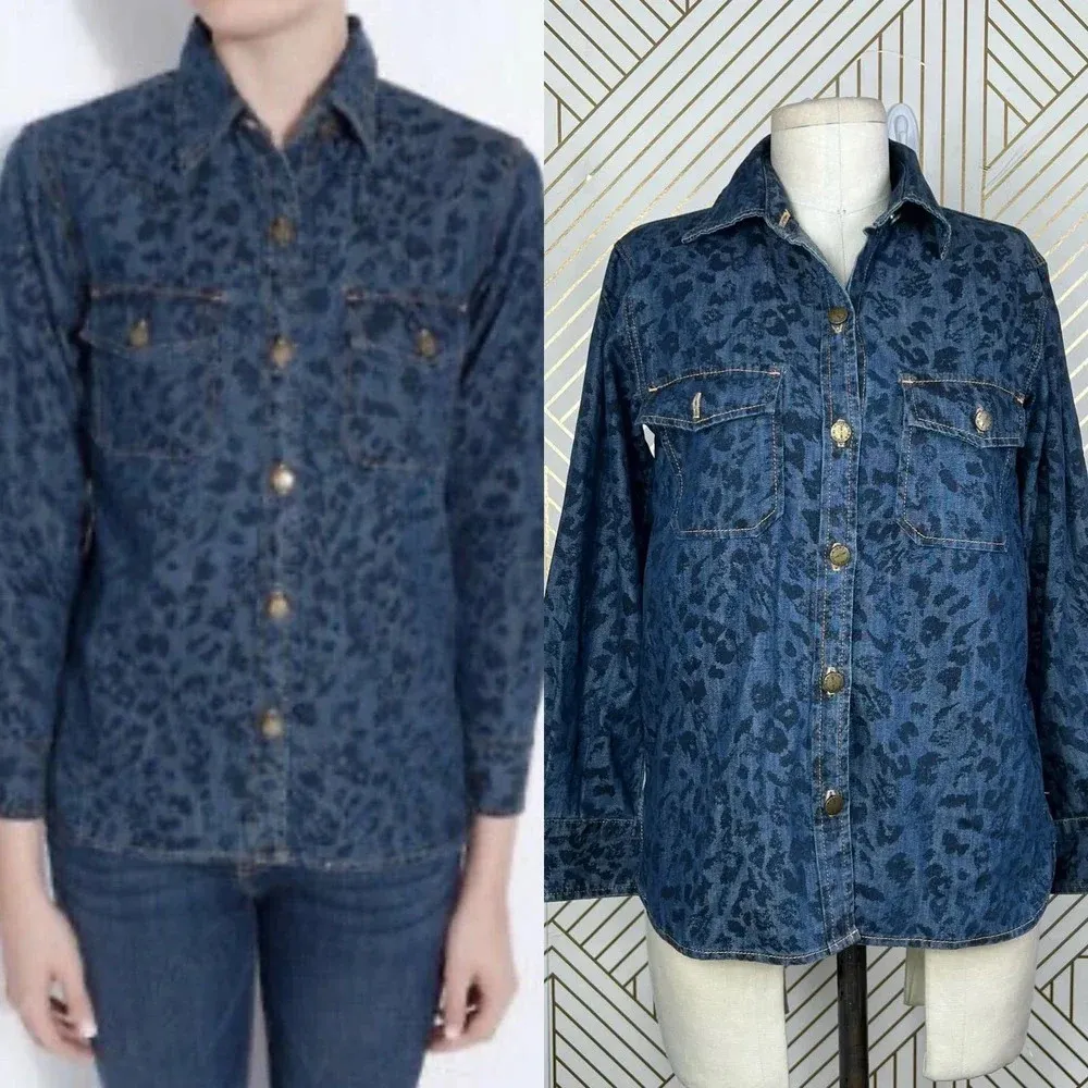 Current/Elliott The Perfect Shirt in Indigo Leopard Denim Size US‎ 0 / XS - Image 2