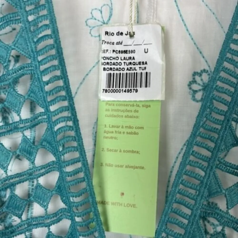 NEW RIO DE JAS size large White Blue embroidered Kaftan Mumu Dress Maxi Poncho - Image 7