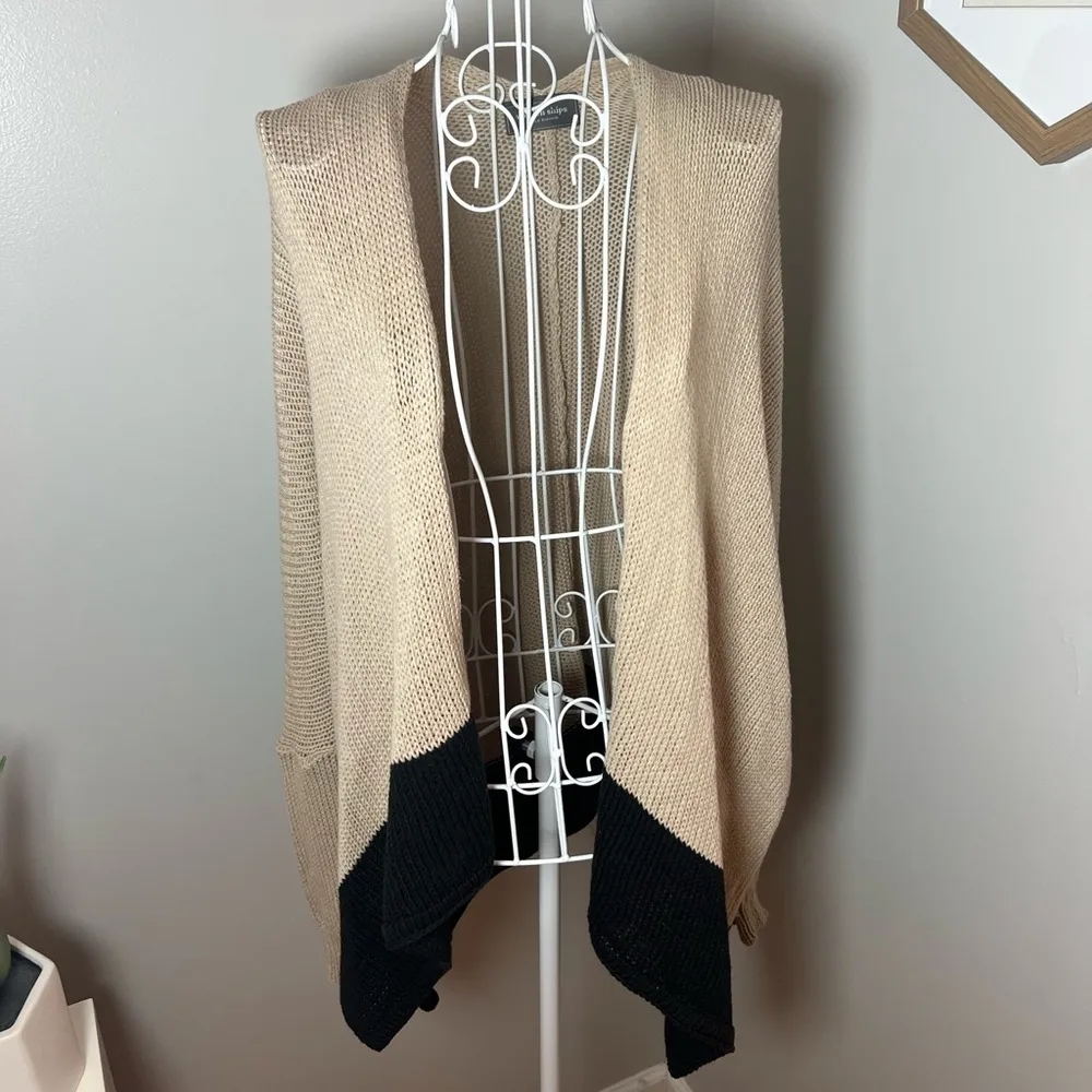 Wooden Ships Anthropologie S/M Cotton Blend Open Cardigan Sweater Tan Black Knit - Image 2