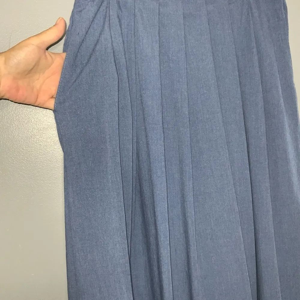 Briggs Vintage 80’s Retro Slate Blue Midi Full Skirt Pleated Front Pockets Sz 14 - Image 5