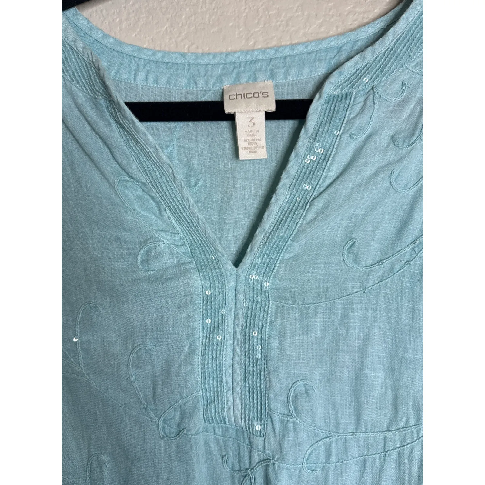Chicos 3 US XL Sequin Turquoise Embroidered Linen Top Blouse Sheer Beach Travel - Image 4