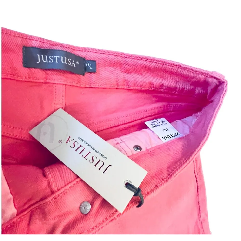 NEW JUST USA Cuffed Mid Rise Denim SHORTS Women's 27/4 Pink Fruit Punch Raw Edge - Image 3