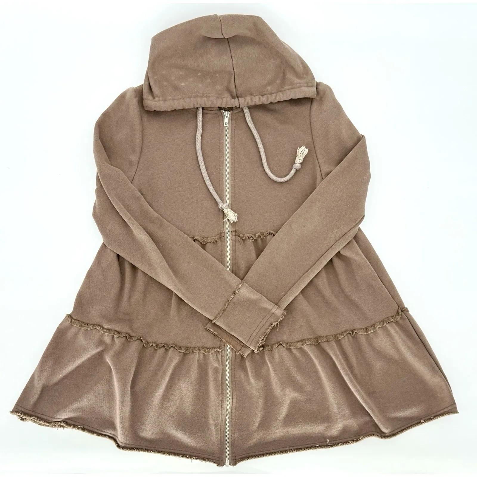 Papermoon Womens Small Tiered Ruffled Zip Up Hooded Drawstring Top Brown Jacket - Image 4