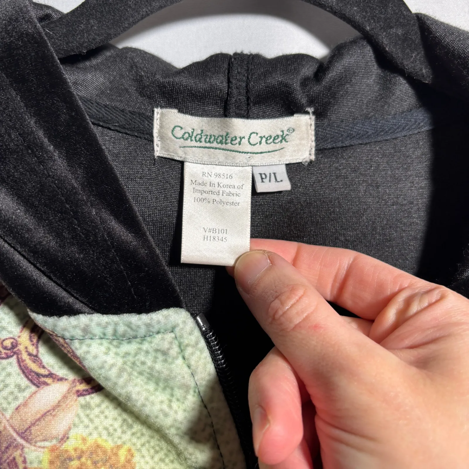 Coldwater Creek Floral Velvet Zip Up Hoodie Jacket Womens P L Black Multi Color - Image 3