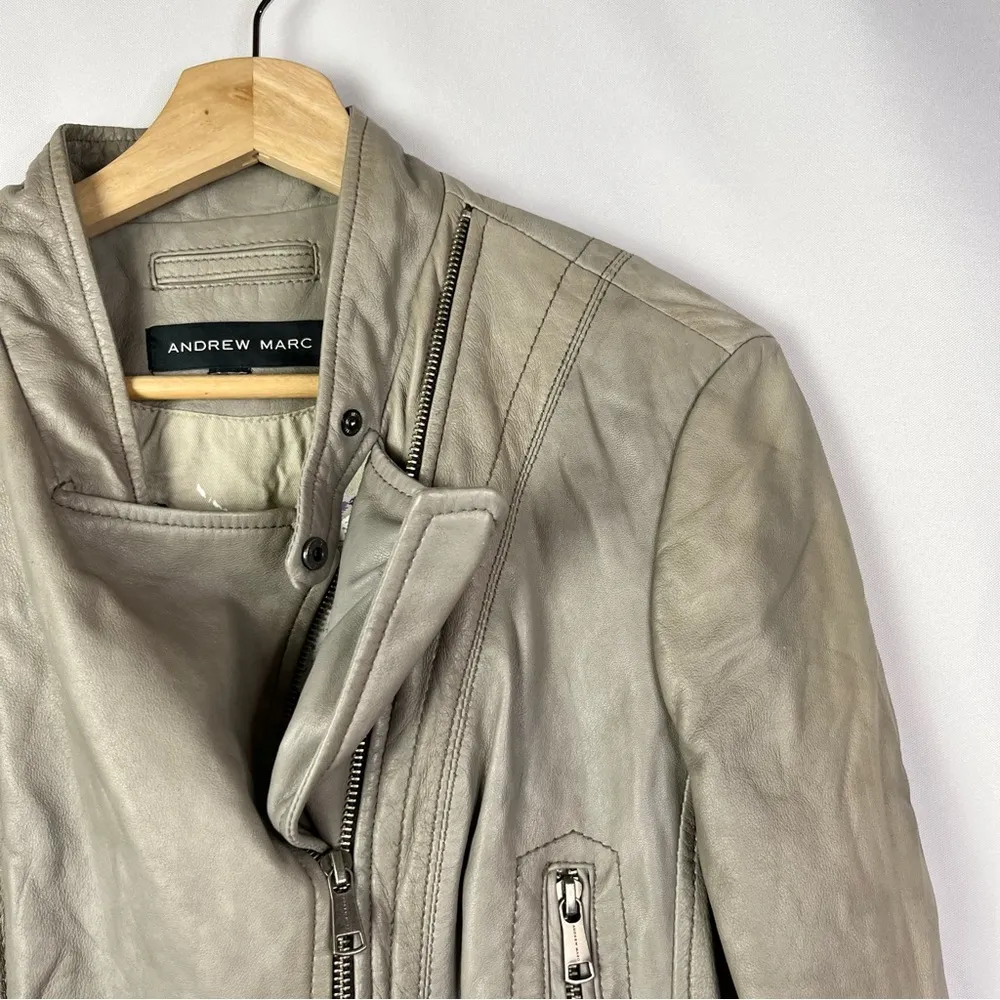 Andrew Marc Gray Side Zip Lambskin Leather Moto Biker Jacket L - Image 3