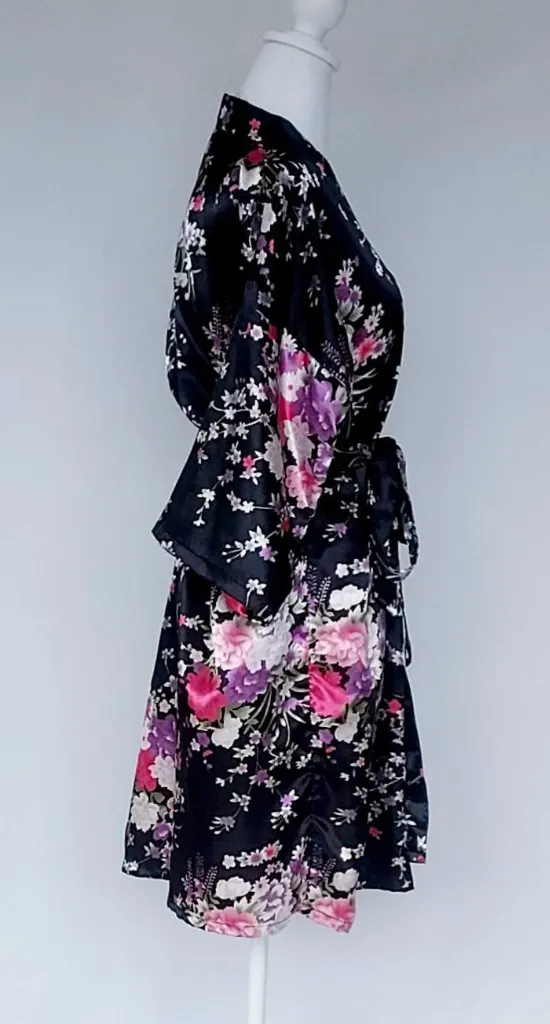 Silky Satin Robe Floral Pattern Kimono Short Black Size Small - Image 6